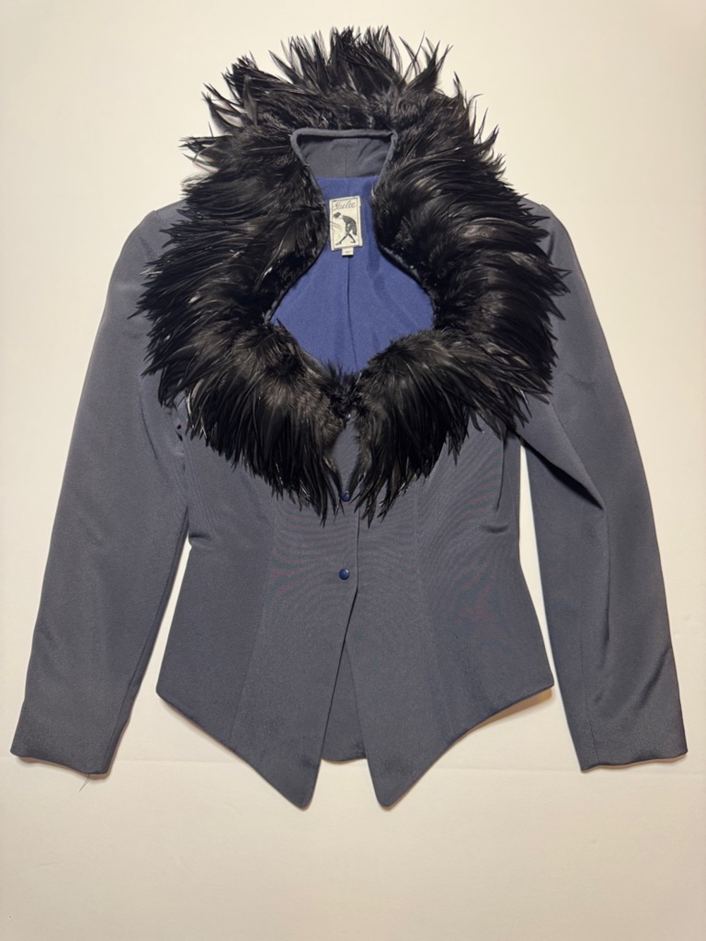 Vintage? SAELEE Feather Trim Collar Black Navy Blue Women's Jacket Whimsigoth 6